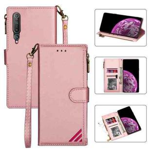 For Xiaomi Mi 10 Zipper Multi-card Slots Horizontal Flip PU Leather Case with Holder & Card Slots & Wallet & Lanyard & Photo Frame(Rose Gold)