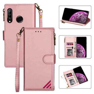 For Huawei P30 Lite Zipper Multi-card Slots Horizontal Flip PU Leather Case with Holder & Card Slots & Wallet & Lanyard & Photo Frame(Rose Gold)