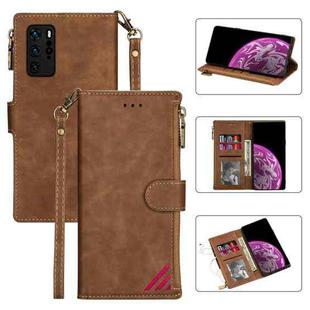 For Huawei P40 Zipper Multi-card Slots Horizontal Flip PU Leather Case with Holder & Card Slots & Wallet & Lanyard & Photo Frame(Brown)