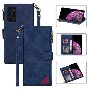 For Huawei P40 Zipper Multi-card Slots Horizontal Flip PU Leather Case with Holder & Card Slots & Wallet & Lanyard & Photo Frame(Blue)