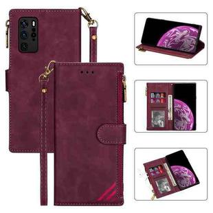 For Huawei P40 Zipper Multi-card Slots Horizontal Flip PU Leather Case with Holder & Card Slots & Wallet & Lanyard & Photo Frame(Wine Red)