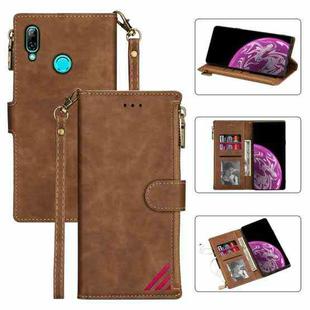 For Huawei P smart (2019) Zipper Multi-card Slots Horizontal Flip PU Leather Case with Holder & Card Slots & Wallet & Lanyard & Photo Frame(Brown)