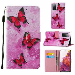 For Samsung Galaxy S20 FE Colored Drawing Pattern Horizontal Flip Leather Case with Holder & Card Slot & Lanyard(Pink Butterfly)