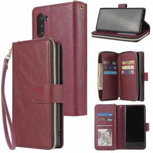 For Samsung Galaxy Note10 Zipper Wallet Bag Horizontal Flip PU Leather Case with Holder & 9 Card Slots & Wallet & Lanyard & Photo Frame(Red Wine)