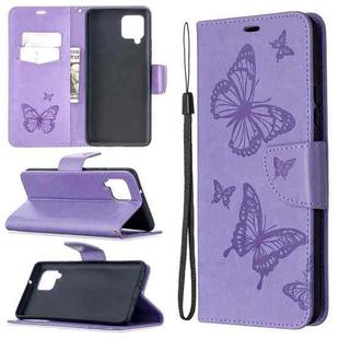 For Samsung Galaxy A42 5G Embossing Two Butterflies Pattern Horizontal Flip PU Leather Case with Holder & Card Slot & Wallet & Lanyard(Purple)