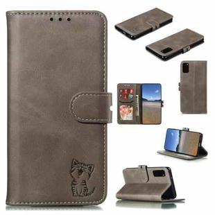For Samsung Galaxy S20 FE Embossed Happy Cat Pattern Horizontal Flip Leather Case with Holder & Card Slots & Wallet(Grey)