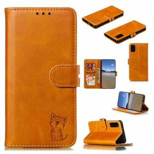 For Samsung Galaxy S20 FE Embossed Happy Cat Pattern Horizontal Flip Leather Case with Holder & Card Slots & Wallet(Yellow)
