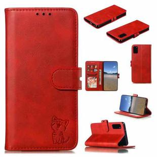 For Samsung Galaxy S20 FE Embossed Happy Cat Pattern Horizontal Flip Leather Case with Holder & Card Slots & Wallet(Red)