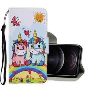 For iPhone 12 / 12 Pro Coloured Drawing Pattern Horizontal Flip PU Leather Case with Holder & Card Slots & Wallet & Lanyard(Couple Unicorn)