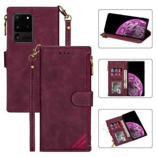 For Samsung Galaxy S20 Ultra Zipper Multi-card Slots Horizontal Flip PU Leather Case with Holder & Card Slots & Wallet & Lanyard & Photo Frame(Wine Red)