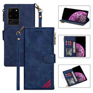 For Samsung Galaxy S20 Ultra Zipper Multi-card Slots Horizontal Flip PU Leather Case with Holder & Card Slots & Wallet & Lanyard & Photo Frame(Blue)