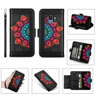 For Samsung Galaxy S9 Printing Dual-color Half Mandala Pattern Dual-side Magnetic Buckle Horizontal Flip Leather Case with Holder & Card Slots & Wallet & Photo Frame & Lanyard(Black)
