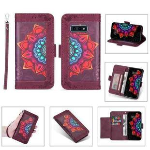 For Samsung Galaxy S10e Printing Dual-color Half Mandala Pattern Dual-side Magnetic Buckle Horizontal Flip Leather Case with Holder & Card Slots & Wallet & Photo Frame & Lanyard(Wine Red )