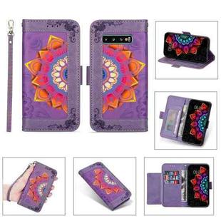 For Samsung Galaxy S10 Printing Dual-color Half Mandala Pattern Dual-side Magnetic Buckle Horizontal Flip Leather Case with Holder & Card Slots & Wallet & Photo Frame & Lanyard(Purple)