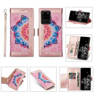 For Samsung Galaxy S20 Ultra Printing Dual-color Half Mandala Pattern Dual-side Magnetic Buckle Horizontal Flip Leather Case with Holder & Card Slots & Wallet & Photo Frame & Lanyard(Rose Gold)