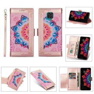 For Xiaomi Redmi Note 9 Pro Printing Dual-color Half Mandala Pattern Dual-side Magnetic Buckle Horizontal Flip Leather Case with Holder & Card Slots & Wallet & Photo Frame & Lanyard(Rose Gold)