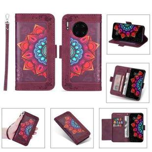 For Huawei Mate 30 Pro Printing Dual-color Half Mandala Pattern Dual-side Magnetic Buckle Horizontal Flip Leather Case with Holder & Card Slots & Wallet & Photo Frame & Lanyard(Wine Red)