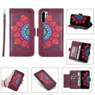 For Huawei P30 Pro Printing Dual-color Half Mandala Pattern Dual-side Magnetic Buckle Horizontal Flip Leather Case with Holder & Card Slots & Wallet & Photo Frame & Lanyard(Wine Red)