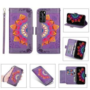 For Huawei P40 Printing Dual-color Half Mandala Pattern Dual-side Magnetic Buckle Horizontal Flip Leather Case with Holder & Card Slots & Wallet & Photo Frame & Lanyard(Purple)