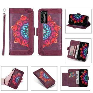 For Huawei P40 Printing Dual-color Half Mandala Pattern Dual-side Magnetic Buckle Horizontal Flip Leather Case with Holder & Card Slots & Wallet & Photo Frame & Lanyard(Wine Red)