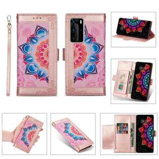 For Huawei P40 Pro Printing Dual-color Half Mandala Pattern Dual-side Magnetic Buckle Horizontal Flip Leather Case with Holder & Card Slots & Wallet & Photo Frame & Lanyard(Rose Gold)