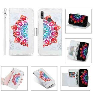 For Huawei Y7 (2019) Printing Dual-color Half Mandala Pattern Dual-side Magnetic Buckle Horizontal Flip Leather Case with Holder & Card Slots & Wallet & Photo Frame & Lanyard(White)