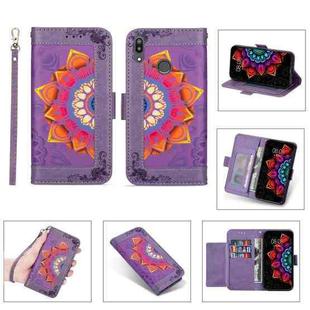 For Huawei Y6 (2019) Printing Dual-color Half Mandala Pattern Dual-side Magnetic Buckle Horizontal Flip Leather Case with Holder & Card Slots & Wallet & Photo Frame & Lanyard(Purple)