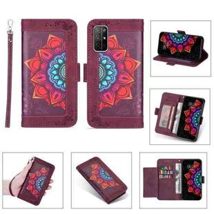 For Huawei Honor 30S Printing Dual-color Half Mandala Pattern Dual-side Magnetic Buckle Horizontal Flip Leather Case with Holder & Card Slots & Wallet & Photo Frame & Lanyard(Wine Red)