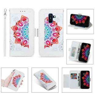 For Samsung Galaxy J8 (2018) Printing Dual-color Half Mandala Pattern Dual-side Magnetic Buckle Horizontal Flip Leather Case with Holder & Card Slots & Wallet & Photo Frame & Lanyard(White)