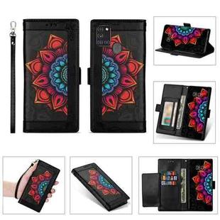 For Samsung Galaxy A21s Printing Dual-color Half Mandala Pattern Dual-side Magnetic Buckle Horizontal Flip Leather Case with Holder & Card Slots & Wallet & Photo Frame & Lanyard(Black)