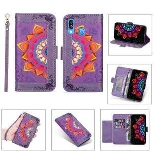 For Samsung Galaxy A40 Printing Dual-color Half Mandala Pattern Dual-side Magnetic Buckle Horizontal Flip Leather Case with Holder & Card Slots & Wallet & Photo Frame & Lanyard(Purple)