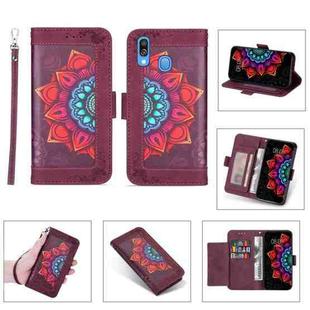 For Samsung Galaxy A40 Printing Dual-color Half Mandala Pattern Dual-side Magnetic Buckle Horizontal Flip Leather Case with Holder & Card Slots & Wallet & Photo Frame & Lanyard(Wine Red)