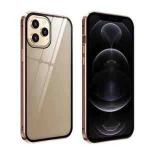 For iPhone 12 / 12 Pro Double Sides Tempered Glass Magnetic Adsorption Metal Frame Anti-peep Screen Case(Gold)