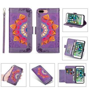 Printing Dual-color Half Mandala Pattern Dual-side Magnetic Buckle Horizontal Flip Leather Case with Holder & Card Slots & Wallet & Photo Frame & Lanyard For iPhone 8 Plus / 7 Plus(Purple)