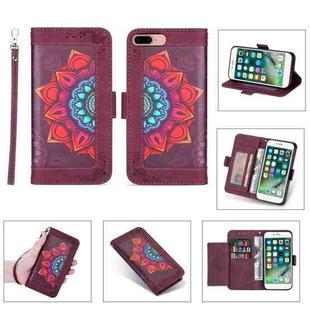 Printing Dual-color Half Mandala Pattern Dual-side Magnetic Buckle Horizontal Flip Leather Case with Holder & Card Slots & Wallet & Photo Frame & Lanyard For iPhone 8 Plus / 7 Plus(Wine Red)