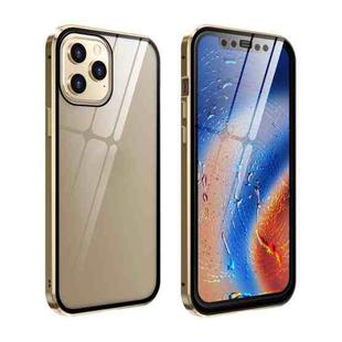 For iPhone 12 / 12 Pro Double Sides Tempered Glass Magnetic Adsorption Metal Frame HD Screen Case(Gold)