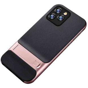 For iPhone 12 / 12 Pro Plaid Texture Non-slip TPU + PC Case with Holder(Rose Gold)