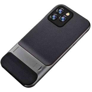 For iPhone 12 Pro Max Plaid Texture Non-slip TPU + PC Case with Holder(Space Gray)