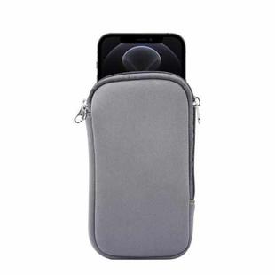 For iPhone 12 / 12 Pro Universal Elasticity Zipper Protective Case Storage Bag with Lanyard / 6.1 inch Smart Phones(Grey)