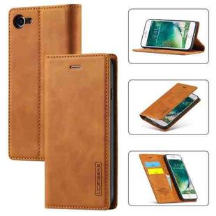 For iPhone SE 2022 / SE 2020 / 8 / 7 LC.IMEEKE Strong Magnetism Ultra-thin Horizontal Flip Shockproof Matte TPU + PU Leather Case with Holder & Card Slots & Wallet(Brown)