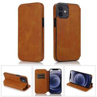 For iPhone 12 mini Strong Magnetic Closure PU + TPU Leather Case with Card Slots & Holder (Khaki)
