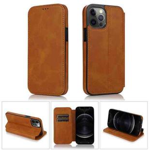 For iPhone 12 / 12 Pro Strong Magnetic Closure PU + TPU Leather Case with Card Slots & Holder(Khaki)