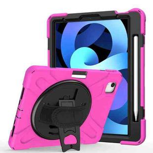 For iPad Air 2022 / 2020 10.9 360 Degree Rotation PC + Silicone Protective Case with Holder & Hand-strap(Rose Red)