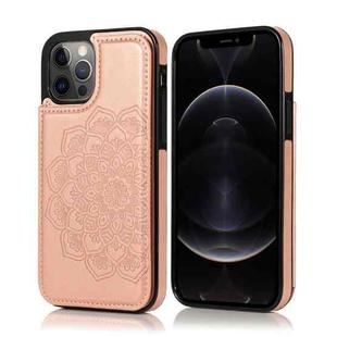 For iPhone 12 / 12 Pro Double Buckle Mandala Pattern PU+TPU Protective Case with Card Slots & Holder & Photo Frame(Rose Gold)