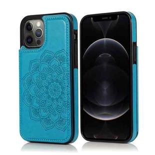 For iPhone 12 / 12 Pro Double Buckle Mandala Pattern PU+TPU Protective Case with Card Slots & Holder & Photo Frame(Blue)