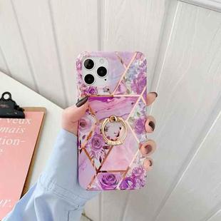 Plating Splicing Pattern Soft TPU Protective Case With Stand Ring Holder For iPhone 12 Pro Max(Stitching Purple Flowers)