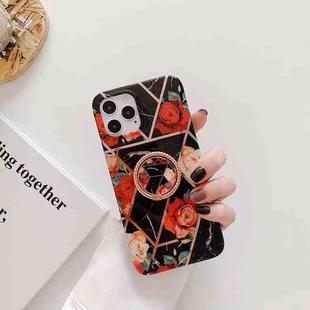 Electroplating Stitching Pattern Soft TPU Protective Case with Rose Gold Stand Ring Holder For iPhone 11(Stitching Black Flowers)