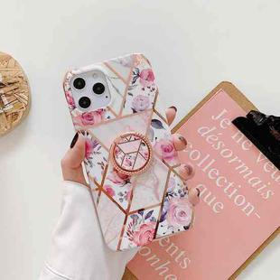 Electroplating Stitching Pattern Soft TPU Protective Case with Rose Gold Stand Ring Holder For iPhone 12 / 12 Pro(Stitching Retro Flowers)