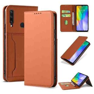 For Huawei Y6P Strong Magnetism Liquid Feel Horizontal Flip Leather Case with Holder & Card Slots & Wallet(Brown)