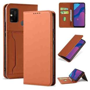 For Huawei Honor 9A Strong Magnetism Liquid Feel Horizontal Flip Leather Case with Holder & Card Slots & Wallet(Brown)